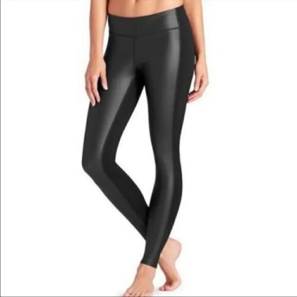 Athleta Mix Media Gleam High Waisted Black Faux Leather Front Panel Leggings XXS